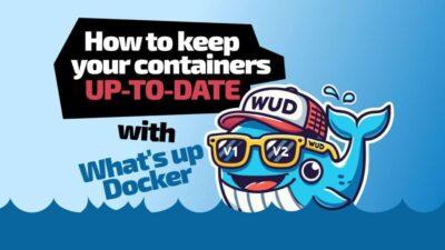 Colorful graphic featuring a cartoon whale wearing sunglasses and a cap, promoting Docker container management tutorial.