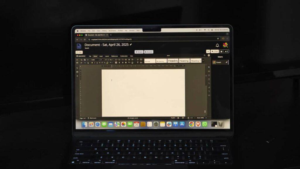 Close-up of a laptop screen displaying a blank document titled "Document - Sat, April 26, 2025" with formatting options visible.