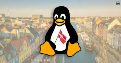 A stylized Tux penguin logo featuring the Danish flag, overlaid on a picturesque Copenhagen waterfront scene.