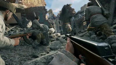 A war scene depicting soldiers amidst rubble, armed and ready, with debris scattered around and gunfire visible in the background.