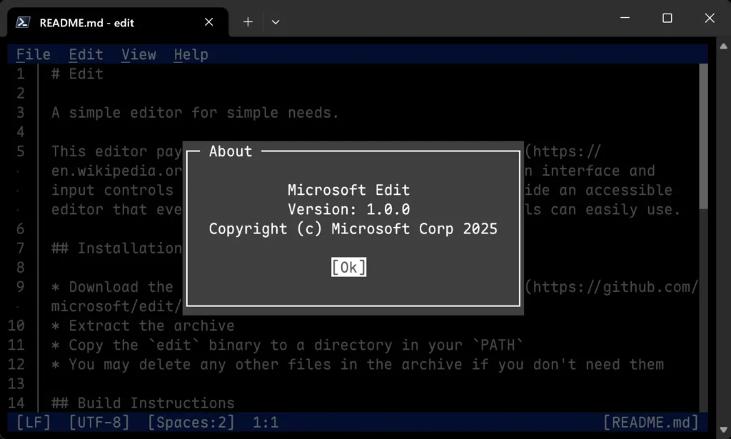 Screenshot of Microsoft Edit, version 1.0.0, showing the "About" window and a README file in a code editor interface.
