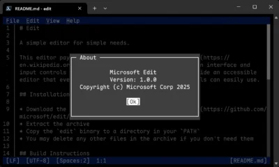 Screenshot of Microsoft Edit, version 1.0.0, showing the "About" window and a README file in a code editor interface.