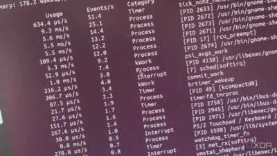 Terminal output displaying system event statistics, including process categories and usage metrics in a Linux environment.