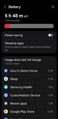 Battery usage screen for a Samsung Galaxy Watch showing battery percentage and time left.