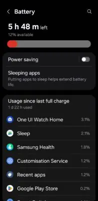 Battery usage screen for a Samsung Galaxy Watch showing battery percentage and time left.