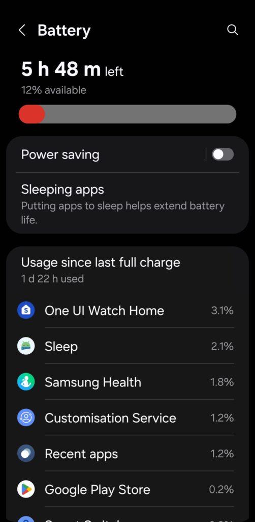 Battery usage screen for a Samsung Galaxy Watch showing battery percentage and time left.