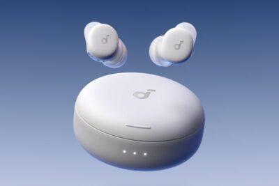 White wireless earbuds floating above their charging case with three LED indicator lights, against a gradient blue background.