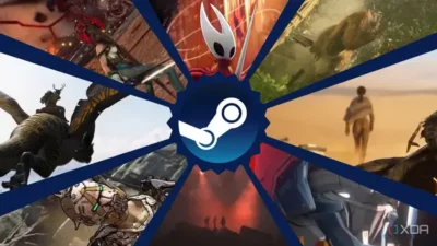 A collage of video game characters and scenes surrounding the Steam logo, showcasing diverse gaming experiences and art styles.
