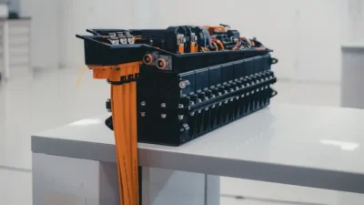 A close-up of an electric vehicle battery pack on a table, showcasing its intricate wiring and robust design.