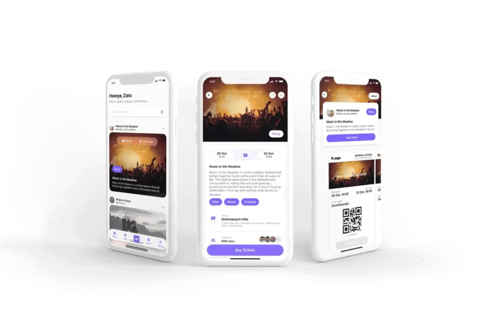 A stylish app interface on three smartphones showcasing an upcoming music festival event with vibrant visuals and ticket purchasing options.