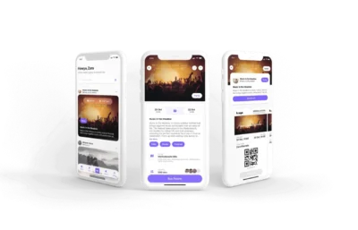 A stylish app interface on three smartphones showcasing an upcoming music festival event with vibrant visuals and ticket purchasing options.