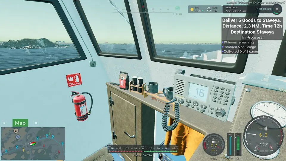 Inside a boat's cabin, with navigation equipment, a fire extinguisher, and a delivery status display for goods to Stavøya.