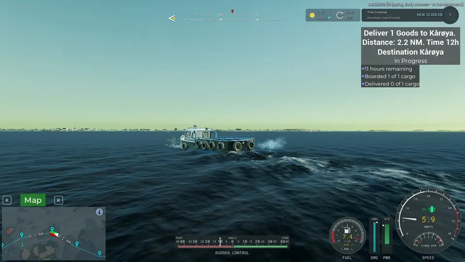 A boat navigating through calm waters, en route to Kārøya, with delivery progress and navigation stats displayed on-screen.