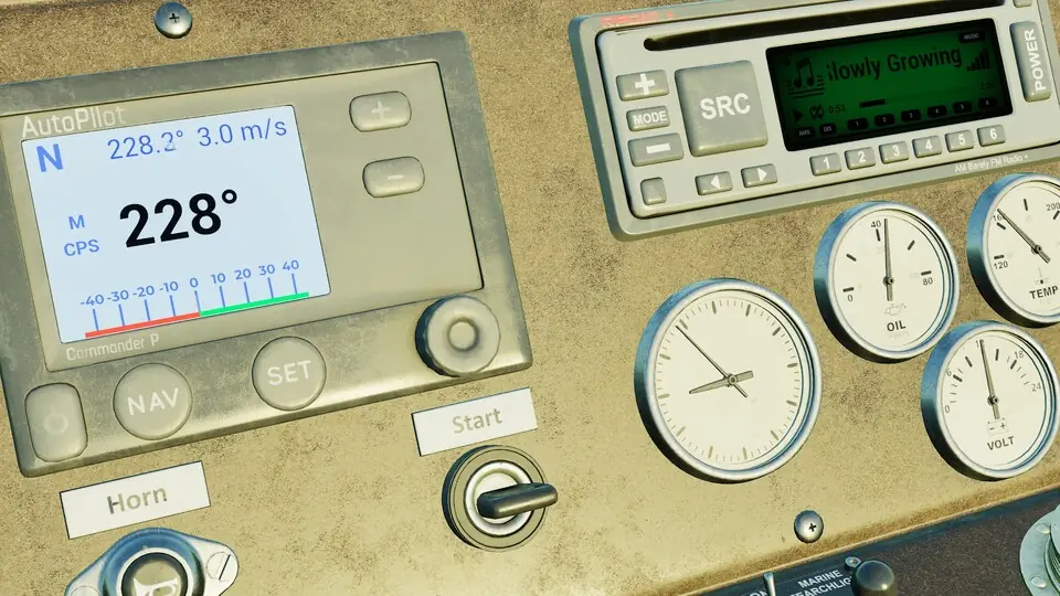 Close-up of a control panel featuring an autopilot display, gauges for oil, temperature, and voltage, alongside buttons for navigation and settings.