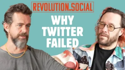 Jack Dorsey interview on the problems with Big Tech social media 6 Two individuals discussing social media, with bold text overlay reading "WHY TWITTER FAILED" on a bright turquoise background.