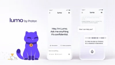 A friendly purple cat mascot beside a mobile app interface named "Lumo" offering confidential advice and help with various inquiries.