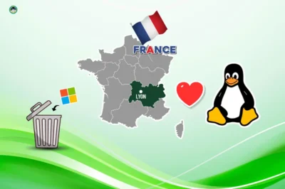 A map of France highlighting Lyon, with symbols for love, Linux penguin, and trash can representing Windows, emphasizing a preference for Linux.
