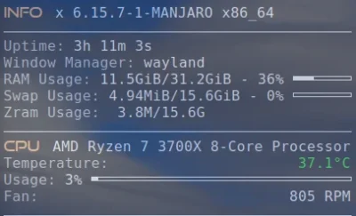 I'm finally able to use Wayland on an ongoing basis 2 System info display showing uptime, RAM, CPU usage, temperature, and fan speed on a Manjaro Linux setup. The window manager shows wayland.