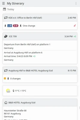 KDE Itinerary is a digital travel assistant with a priority on protecting your privacy 5 Itinerary summary for travel from KDE e.V. Office in Berlin to B&B Hotel Augsburg-Süd, including train and arrival details.