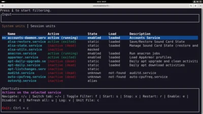 Manage Linux Systemd Services Easily With Systemd-manager-tui 4 Terminal interface displaying system unit statuses on Debian, highlighting active services and their states with shortcut keys listed below.