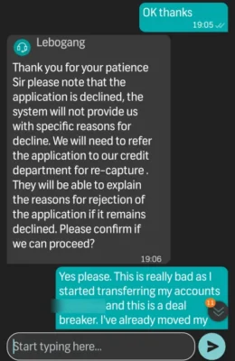 Bank declined credit card redacted