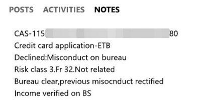 Vodacom wrecked my credit rating without reason - This is how I fixed it 10 Document detailing a declined credit card application due to prior misconduct, with notes on risk classification and clearance status.
