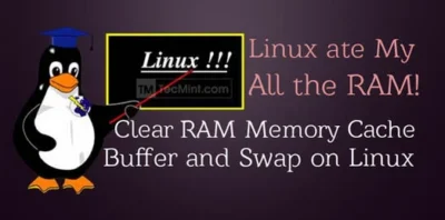 How to Clear RAM Cache, Buffers, and Swap in Linux Without Reboot 8 A cartoon penguin wearing a graduation cap points to a sign reading "Linux ate My All the RAM!" with a subtitle about clearing RAM on Linux.