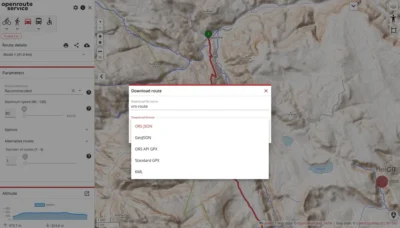 If you find OpenStreetMap a bit difficult to plan off-road routes, try OpenRouteService 9 An interactive map displays a route (41 km) with options to download in various formats, including JSON and GPX.