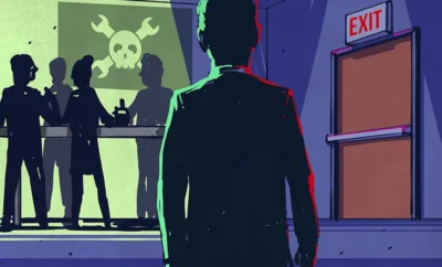 A Love Letter To Internet Relay Chat — The Original Social Media That Is Still With Us Today 8 A silhouette of a man in a suit stands before a group of shadowy figures and a skull flag, with an exit door illuminated behind him.