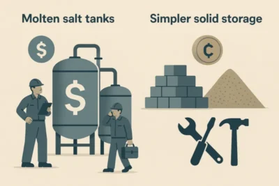 Graphic comparing molten salt tanks and simpler solid storage, featuring workers, storage methods, and financial symbols.