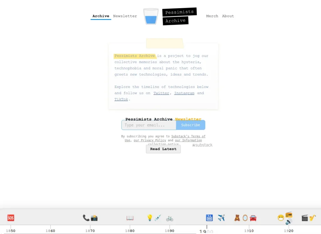 Website section for "Pessimists Archive," exploring technology's societal impact, with options to subscribe to a newsletter and follow on social media.