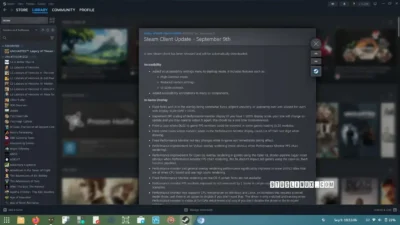 Screenshot of the Steam client displaying patch notes for the September 9th update, focusing on accessibility and in-game overlay improvements.
