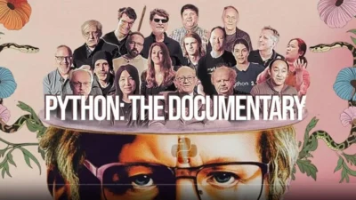 New Movie “Python: The Documentary” Traces the Language’s Story 5 A group of people poses above a colorful illustration with the text "PYTHON: THE DOCUMENTARY," featuring floral and snake motifs.