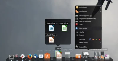 Screenshot of a desktop interface showing a Cairo-Dock with various application icons, including LibreOffice and a music player menu.