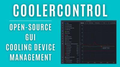 Teal coloured background with an image showing some system graphs for CPU, GPU, etc drive temps. A title in white states CoolerControl, an open-source GUI for managing cooling devices.