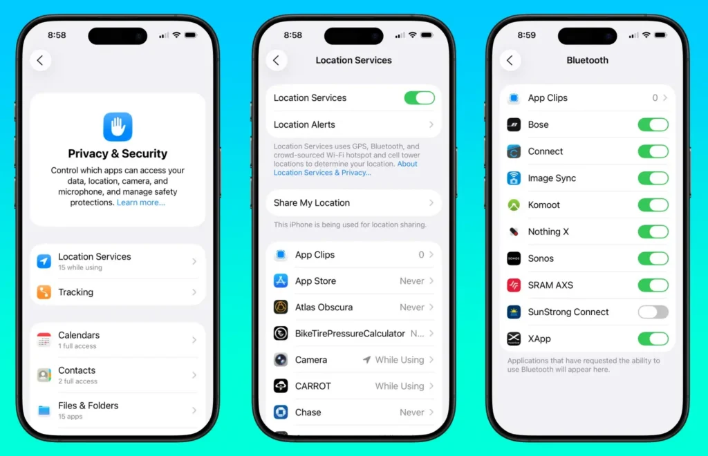 Three iPhone screens displaying "Privacy & Security" settings, highlighting Location Services and Bluetooth options with various app permissions.