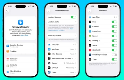 Three iPhone screens displaying "Privacy & Security" settings, highlighting Location Services and Bluetooth options with various app permissions.