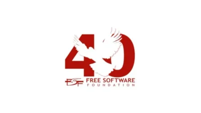 Logo featuring the number "40" with a white dove and the text "Free Software Foundation" in red, commemorating the organization’s anniversary.