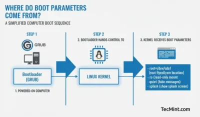 Diagram illustrating the computer boot sequence: GRUB bootloader, Linux kernel initiation, and boot parameters received by the kernel.