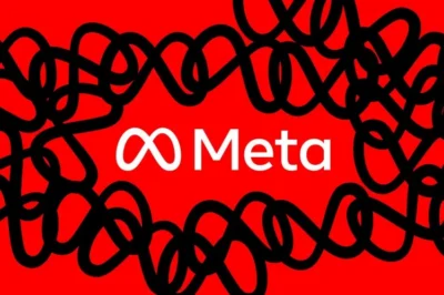 Logo of Meta in white text on a red background, surrounded by bold black abstract lines, resembling tangled loops.