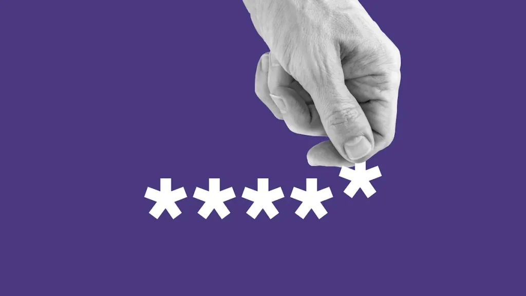 A hand hovers above five asterisks against a purple background, symbolizing password entry or data protection.