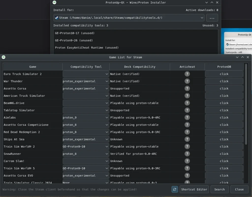 Screenshot of the ProtonUp-Qt application, displaying a list of Steam games with compatibility tool options and installation statuses.
