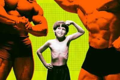 AI Is Amplifying the Dunning-Kruger Effect, New Research Finds 9 A child flexes proudly between two muscular bodybuilders against a bright yellow-green backdrop, emphasizing strength and ambition.