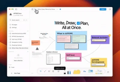 AFFiNE is an excellent open-source knowledge management tool 8 A digital workspace displaying the AFFINE app interface with text boxes for writing, drawing, and planning collaboratively.