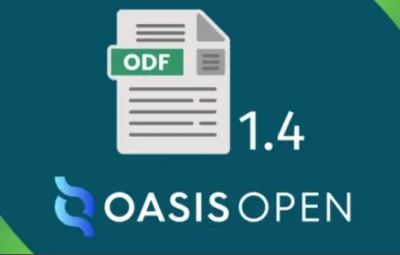 ODF 1.4 Release Marks 20 Years of OpenDocument Format 3 Logo of OASIS Open with a document labeled "ODF" and the version number "1.4" on a teal background.