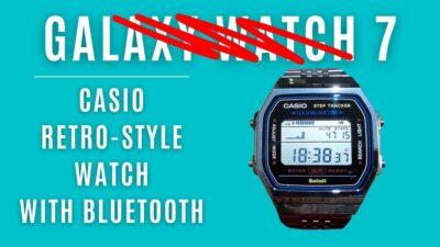 Casio retro-style watch with Bluetooth, displaying time and step tracker, set against a bright turquoise background.