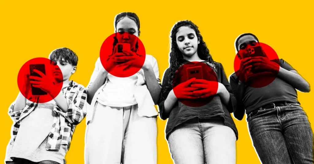 Four individuals stand in a row, holding smartphones against a bright yellow background, emphasizing their engagement with technology.