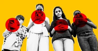 Banning Phones in Schools Is Drastically Changing the Behaviour of Kids, Teachers Say 4 Four individuals stand in a row, holding smartphones against a bright yellow background, emphasizing their engagement with technology.