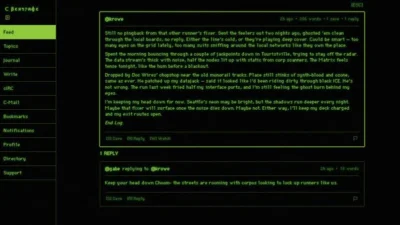 A cyberpunk-themed text interface displays a user's post about avoiding danger in a city filled with watchful eyes and threats.