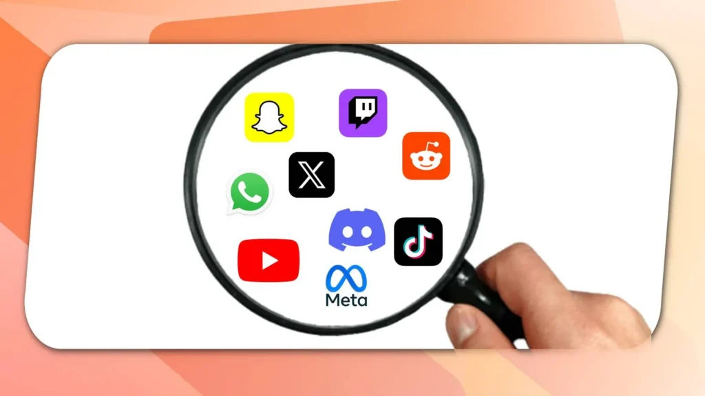 A hand holds a magnifying glass over popular social media app icons, including Snapchat, Twitter, and YouTube, on a light background.
